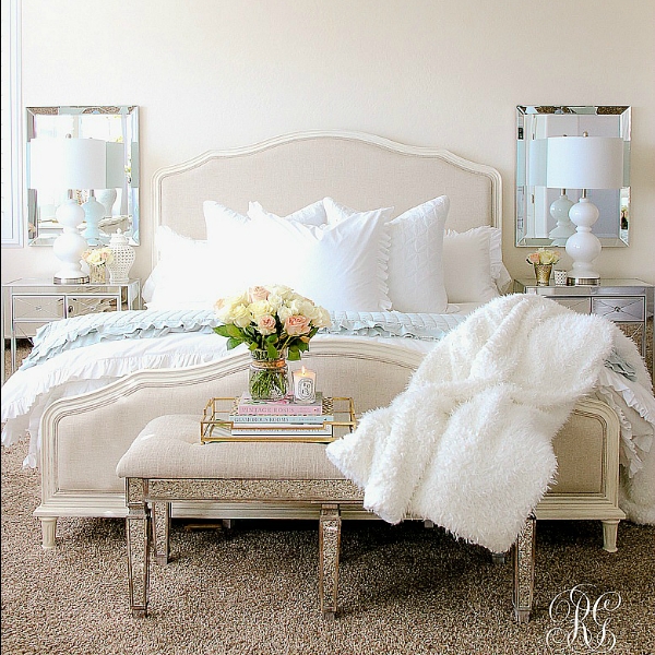 Upholstered Bed with Mirrored Nightstands and Ruffled Bedding