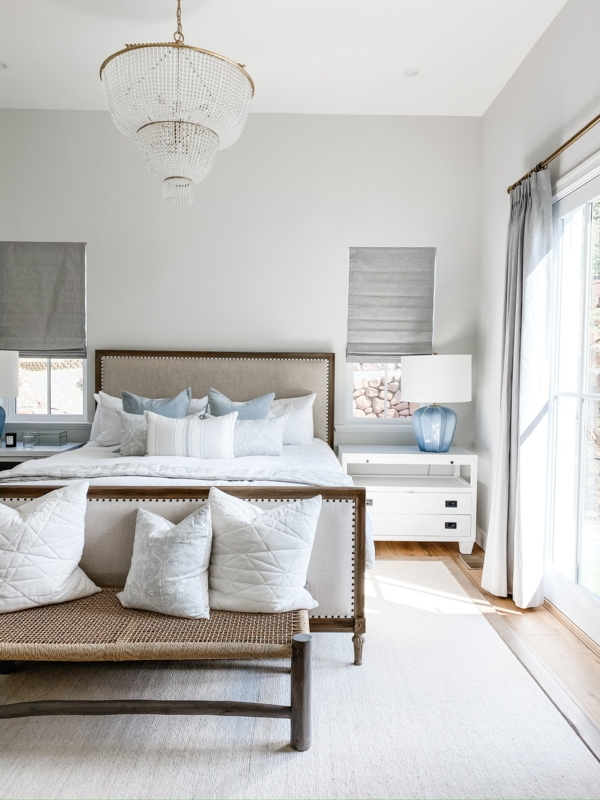 Upholstered Bed with Nailhead Trim and Woven Bench Accents