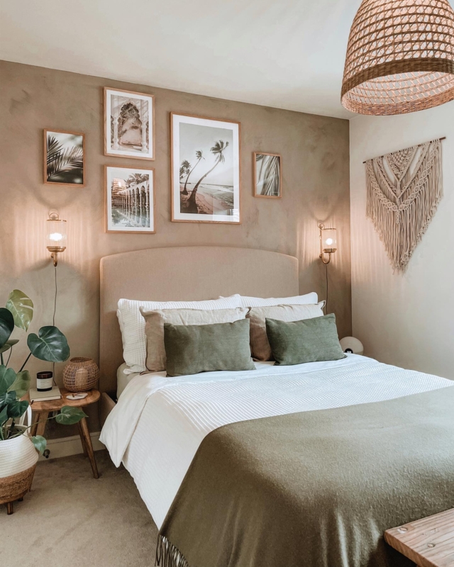 Upholstered Bed with Olive Green Pillows and Woven Pendant Lamp