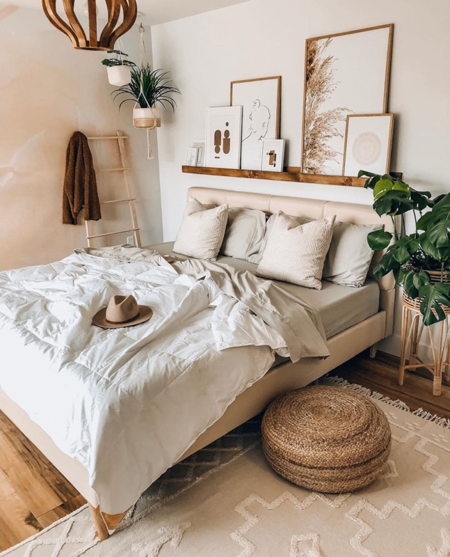 Upholstered Bed with Picture Ledge Art Gallery Wall