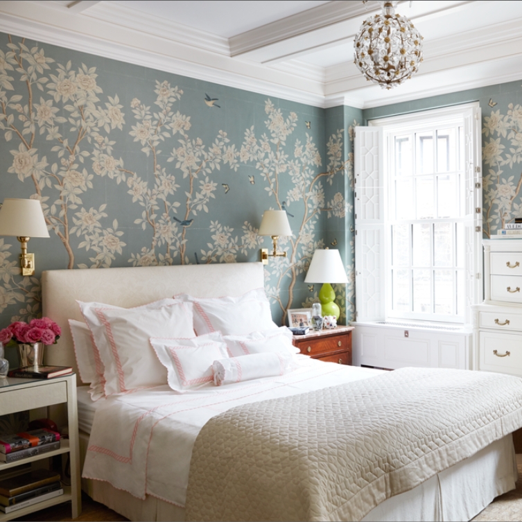 Upholstered Bed with Pink Piped Bedding and Chinoiserie Wallpaper