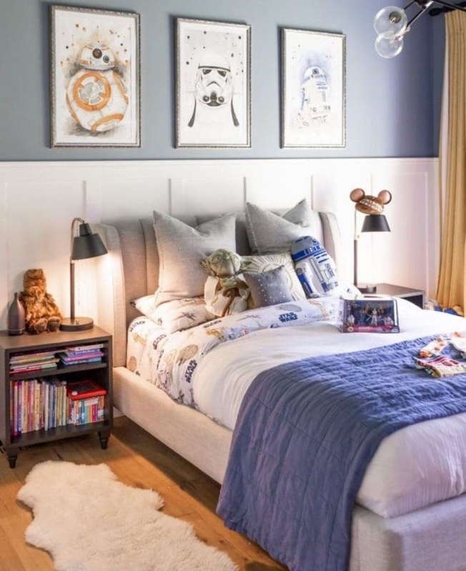 Upholstered Bed with Star Wars Theme and Board and Batten Walls