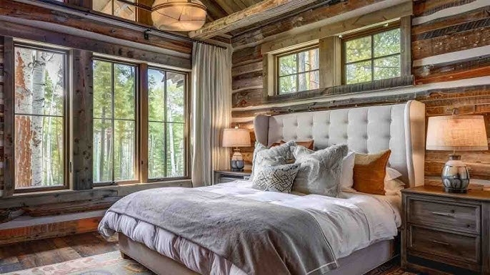 Upholstered Bed with Tufted Wingback Headboard against Log Wall Backdrop