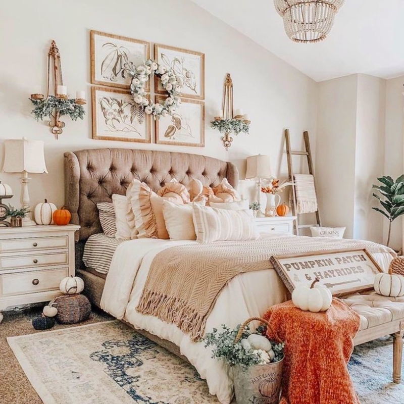 Upholstered Bed with Tufted Wingback Headboard and Fall Themed Decor