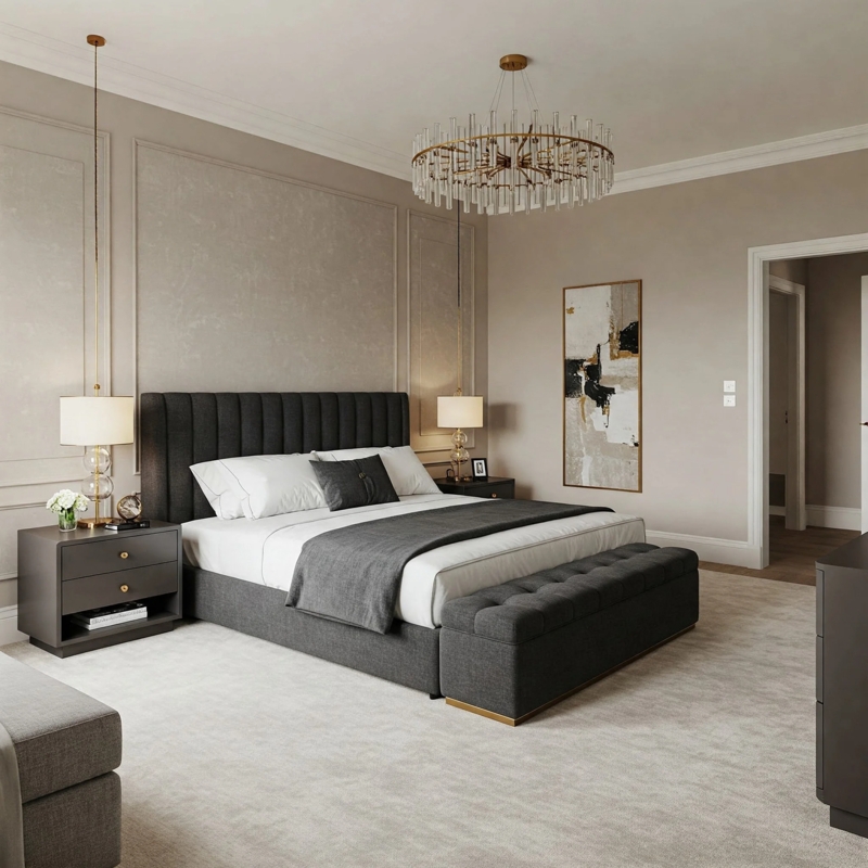 Upholstered Bed with Vertical Channel Tufting and Matching Bench Set