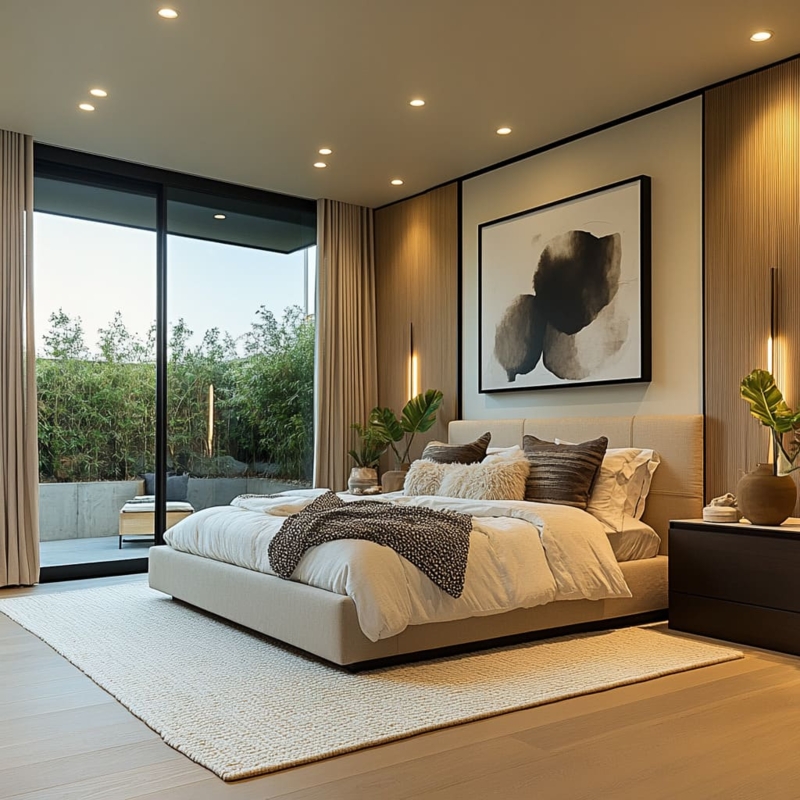 Upholstered Bed with Vertical Slat Walls and Bamboo Garden View
