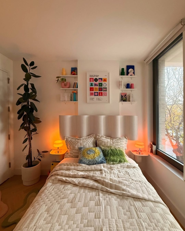 Upholstered Bed with Wavy Sculptural Headboard & Floating Shelves