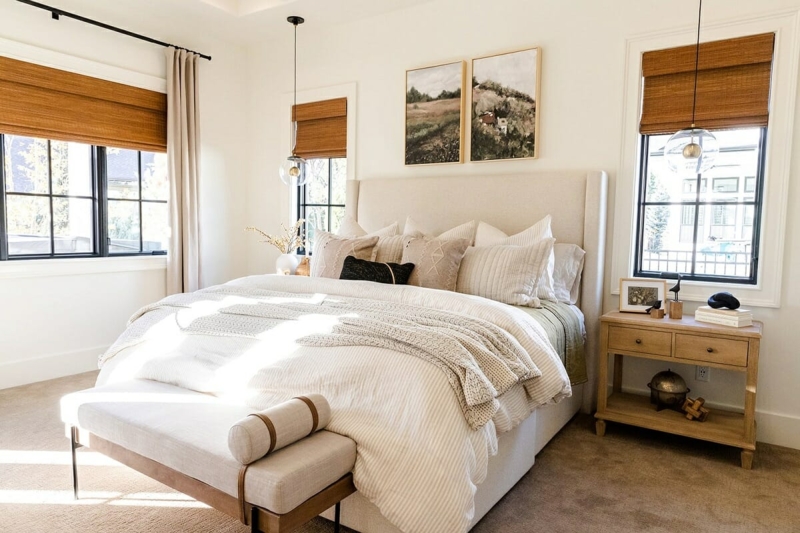 Upholstered Bed with Woven Roman Shades and Bolster Bench