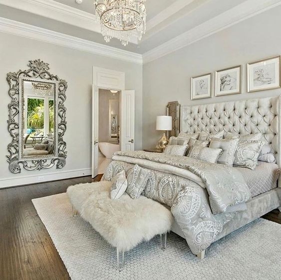 Upholstered Panel Bed featuring Oversized Silver Floor Mirror Styling