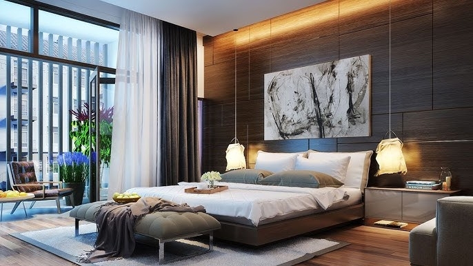 Upholstered Platform Bed with Bench and Dark Wood Panel Wall