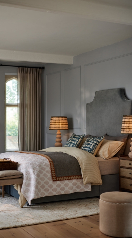Upholstered Shaped Headboard Styling with Traditional Wall Moulding.