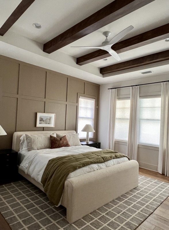Upholstered Sleigh Bed Frame with Taupe Grid Accent Wall