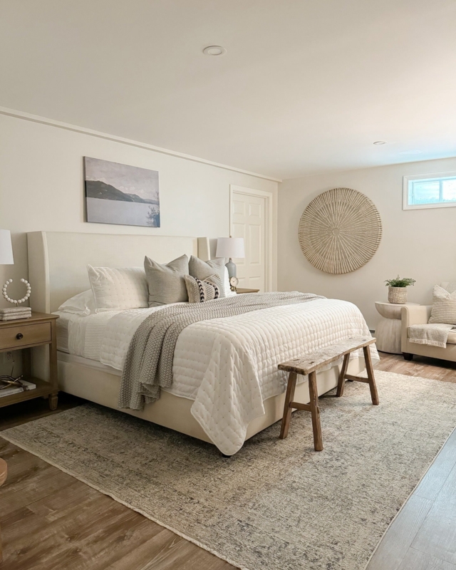 Upholstered Wingback Bed in Cream with Woven Wall Decor