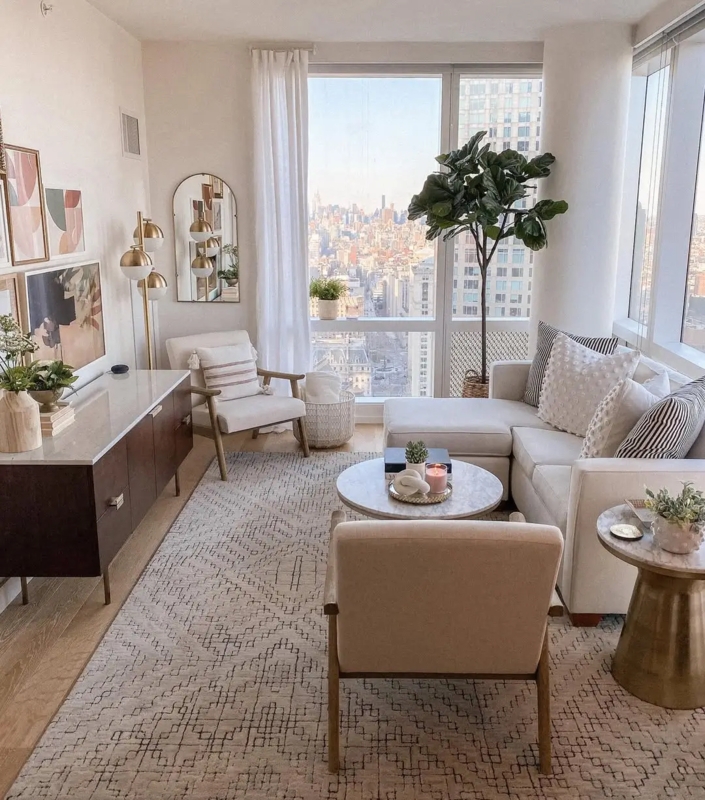 Urban High-Rise Living Room Style with City View and Multi Globe Lamp