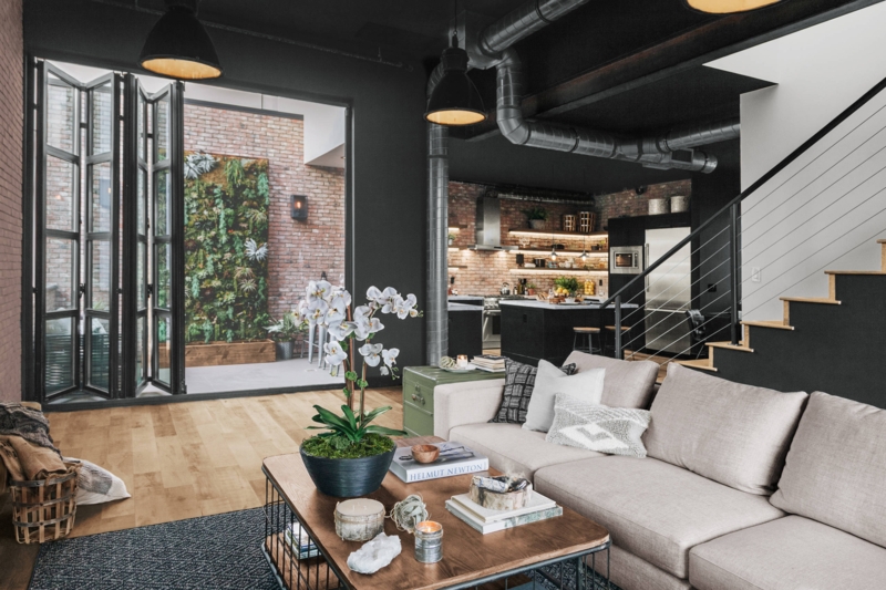 Urban Industrial Living Room with Courtyard Vertical Garden