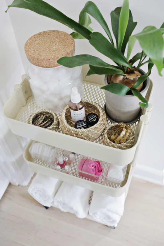Utility Cart with three tiers, rolling casters, and mesh shelves. SEO: mobile bathroom rolling cart.