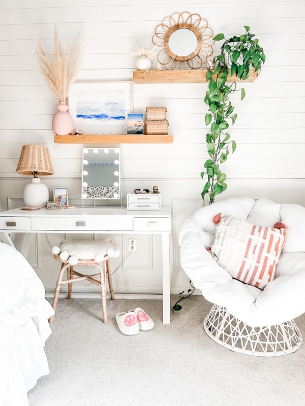 Vanity Nook with White Papasan Chair and Shiplap Wall