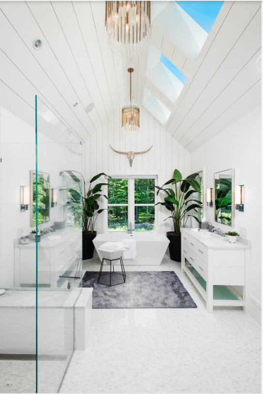 Vaulted Bathroom Ceiling with Triple Skylights and Shiplap