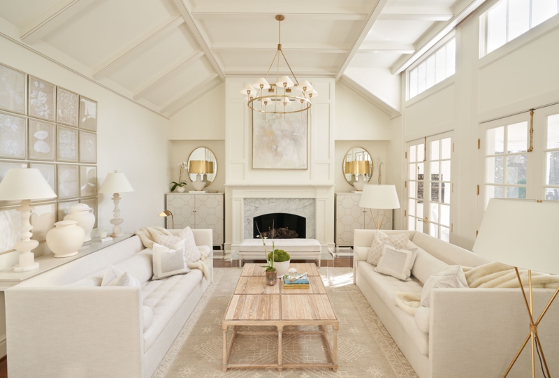 Vaulted Beamed Ceiling Living Room with Symmetrical Sofa Layout