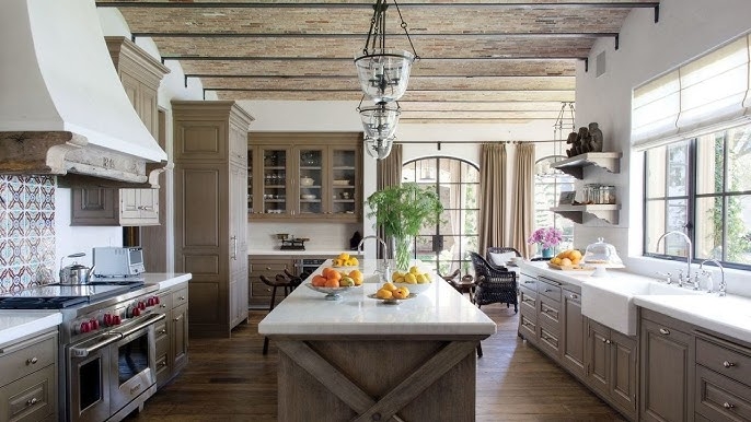 Vaulted Brick Ceiling Kitchen Design with Taupe Cabinetry