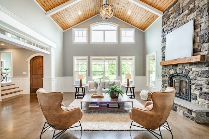 Vaulted Wood Plank Ceiling Stone Fireplace Living Room