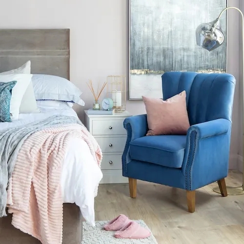Velvet Accent Chair in Blue with Channel Tufting for Glam Style