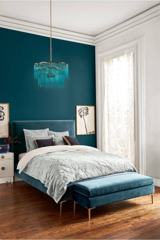 Velvet Upholstered Bed and Bench Set with Fringe Chandelier
