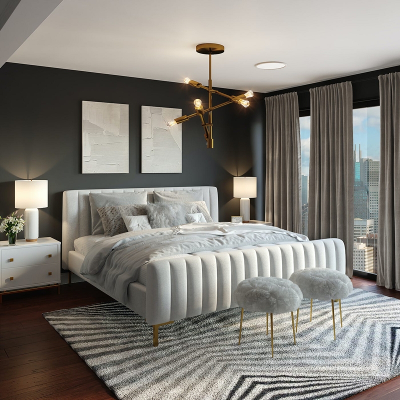 Vertical Channel Tufted Bed, Gold Sputnik Chandelier, Charcoal Wall