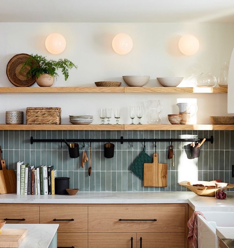 Vertical Sage Green Tile Backsplash with Floating Shelves