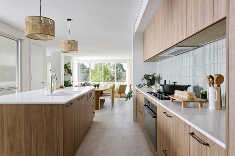 Vertical Tile Kitchen Backsplash Ideas with Woven Pendant Lights