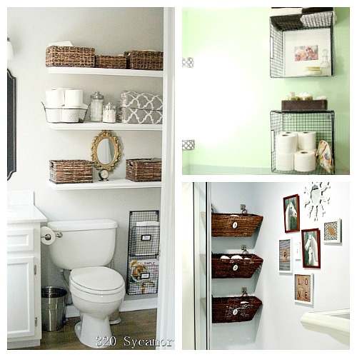 Vertical Wall Storage ideas with mixed wire and woven baskets. SEO: small bathroom organization.