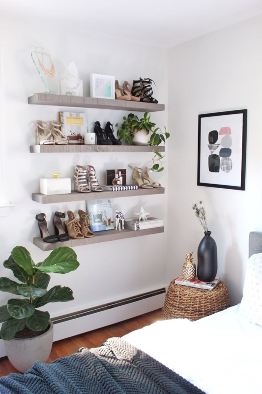 Vertically Stacked Floating Shelves for Shoe and Accessory Display