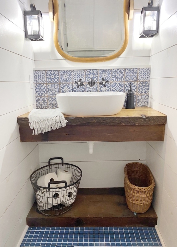 Vessel Sink Modern Farmhouse Powder Room: Blue Patterned Backsplash