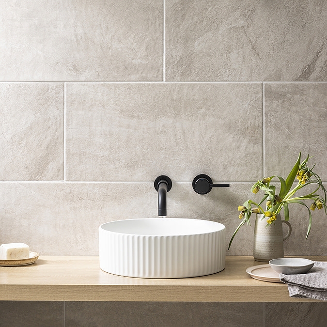 Vessel Sink: Modern Ribbed Design with Matte Black Wall Faucet