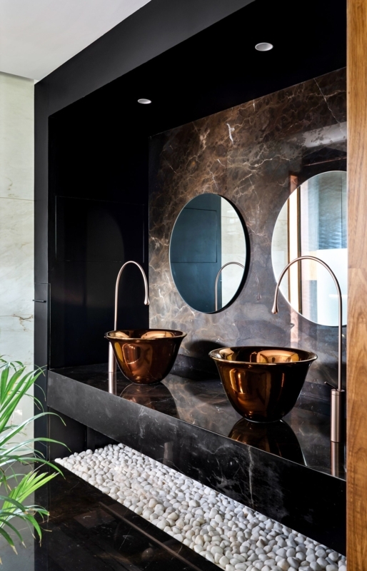 Vessel Sink on Black Marble Vanity with Pebble Recess