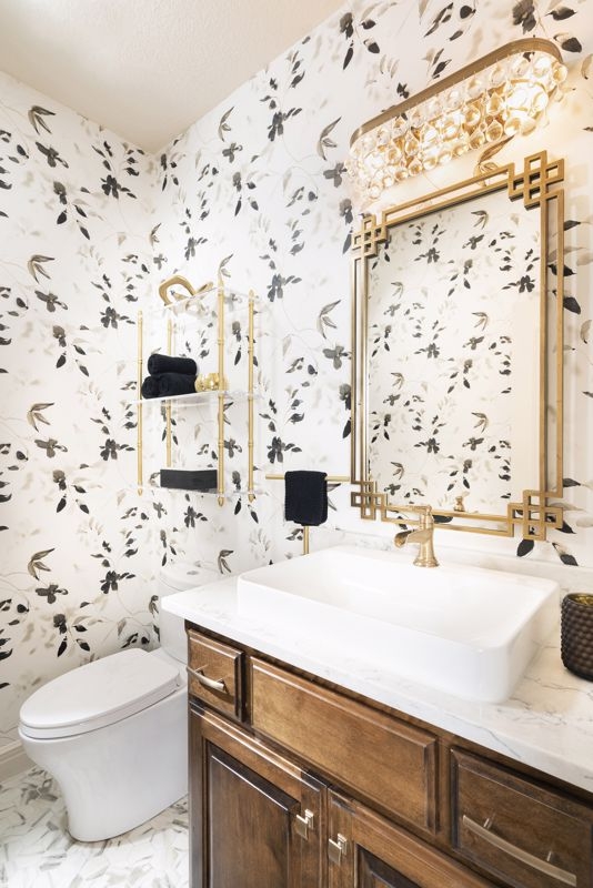 Vessel Sink on Dark Wood Vanity with Charcoal Botanical Wallpaper