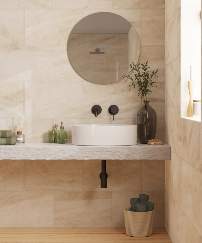 Vessel Sink on Rough-Edge Stone Vanity with Matte Black Plumbing & Mirror