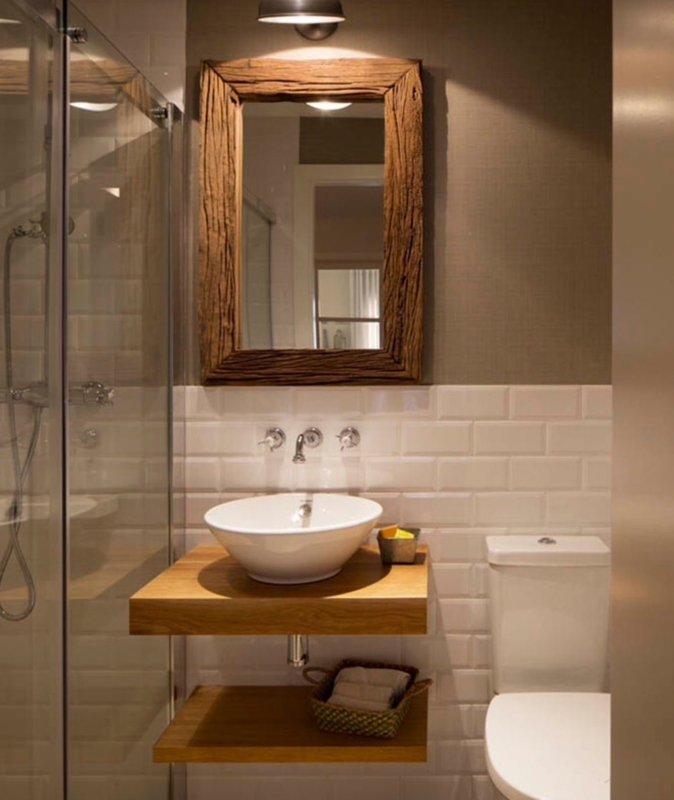 Vessel Sink on Thick Floating Vanity with Rough Wood Mirror