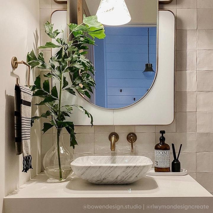 Vessel Sink with Gold Faucet and Handmade Style Tiles