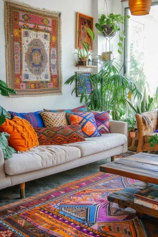 Vibrant Boho Living Room Ideas With Textile Wall Hanging