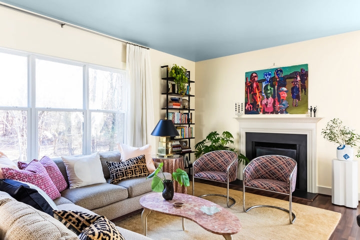 Vibrant Eclectic Living Room with Light Blue Painted Ceiling Feature