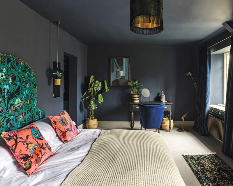 Vibrant Floral Headboard in Moody Maximalist Charcoal Bedroom