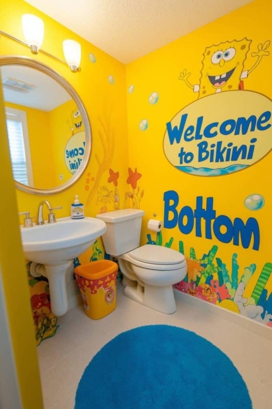 Vibrant Kids Bathroom with SpongeBob Theme and Bikini Bottom Wall Mural