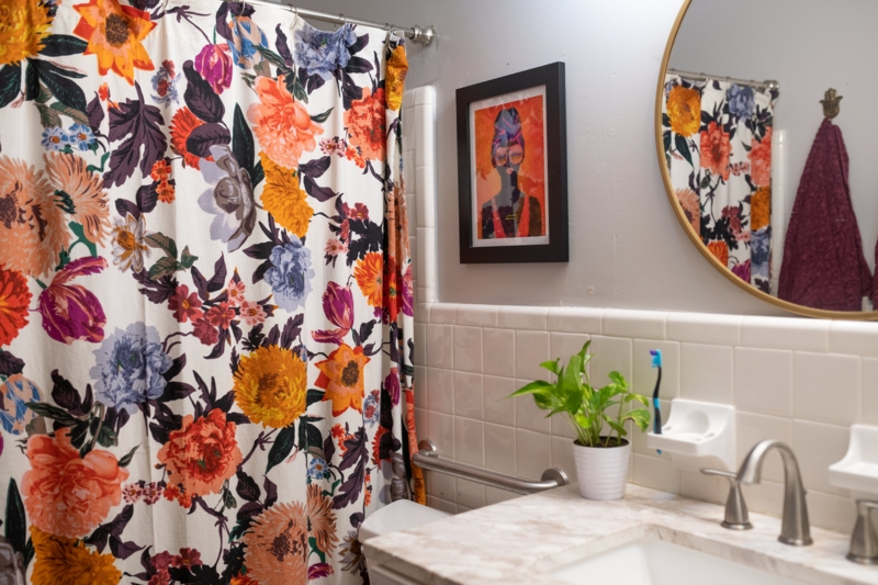 Vibrant Large-Scale Floral Shower Curtain with Round Gold Mirror