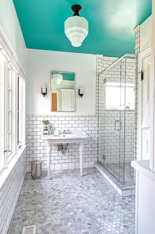 Vibrant Turquoise Ceiling with Art Deco Lighting