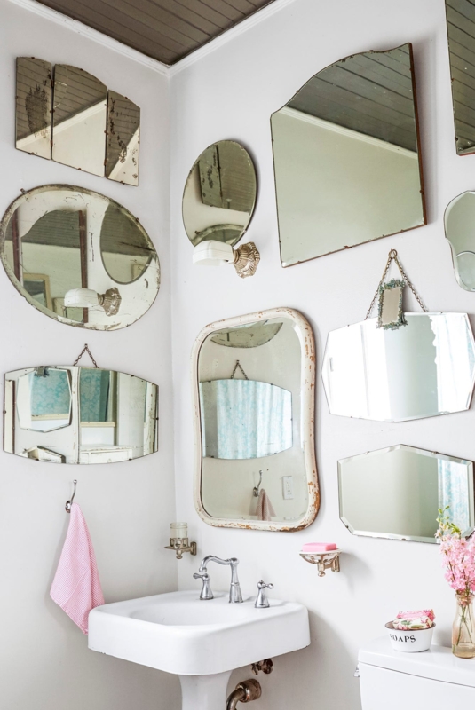 Vintage Bathroom Mirror Gallery Wall, Distressed Shabby Chic Pedestal