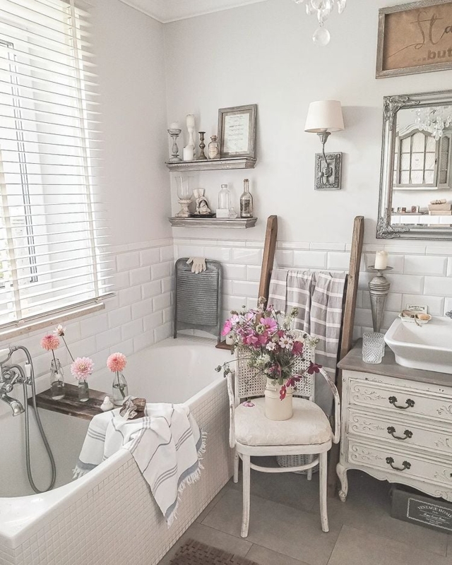 Vintage Bathroom with Dresser Vanity and Cane Back Chair