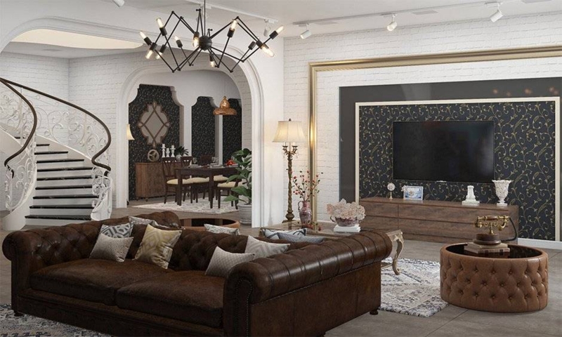 Vintage Chesterfield Sofa Living Room with White Brick Wall