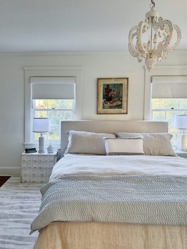 Vintage Farmhouse Bedroom: Upholstered Bed and Card Catalog Nightstand