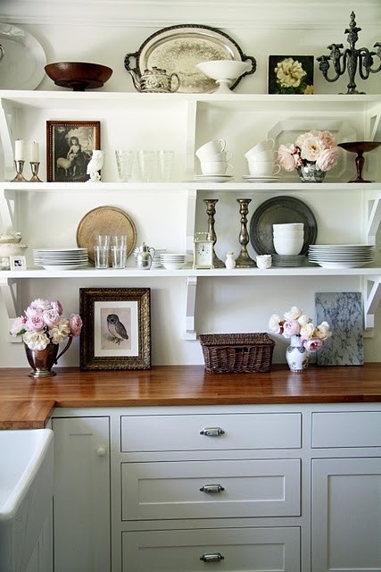 Vintage Farmhouse Kitchen Shelving with a Curated Dishware Display